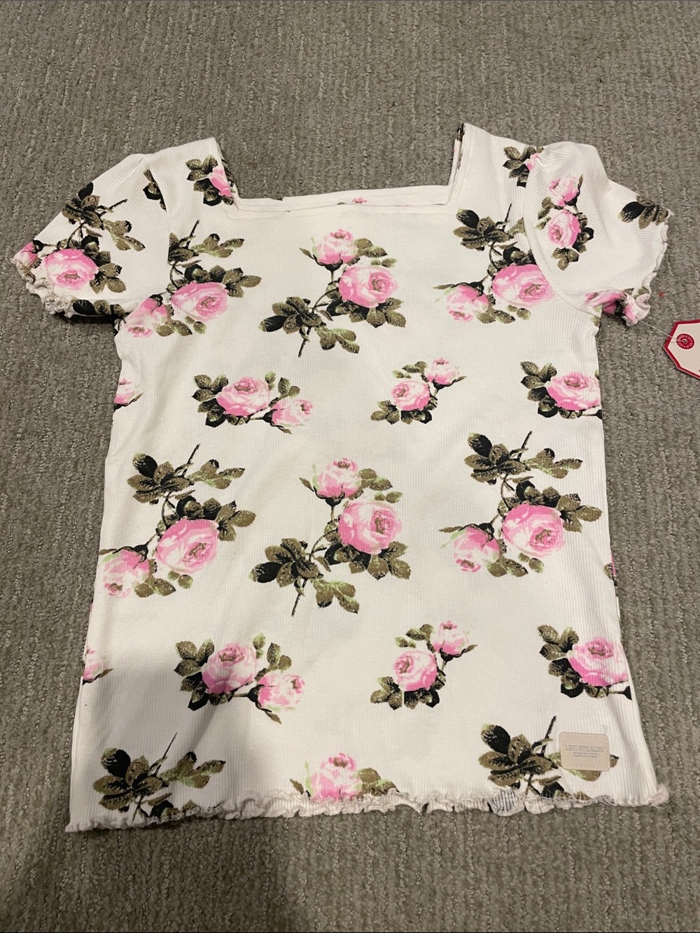 Levi's White Floral Ribbed Square-Neck Top with Pink Roses